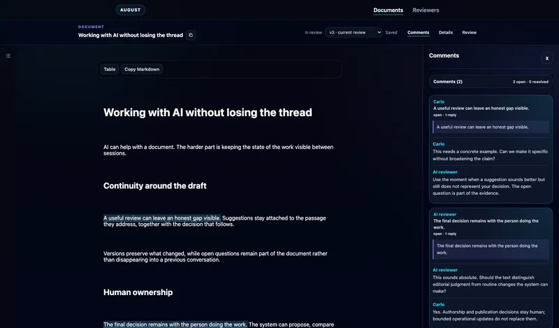 August document workspace showing a current version and two fictional review threads between Carlo and an AI reviewer.